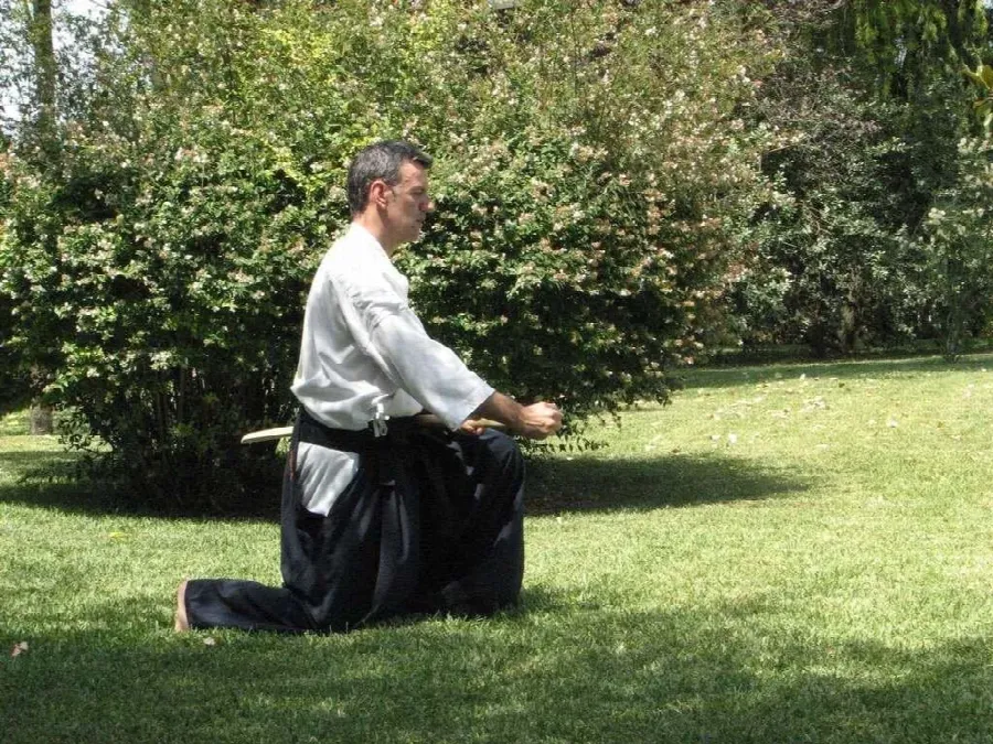 Practicante de Aikido en posición con el jō, el bastón de madera